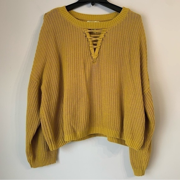 Anthropologie Ruby Moon Oversized Cropped Mustard Yellow Knit Sweater crochet - Picture 1 of 9